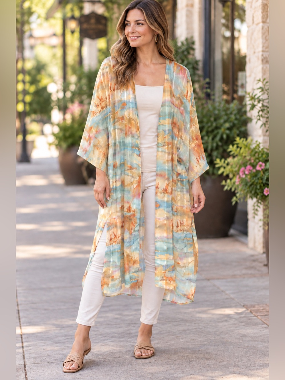 dennis basso watercolor duster in aqua, peach & cream
